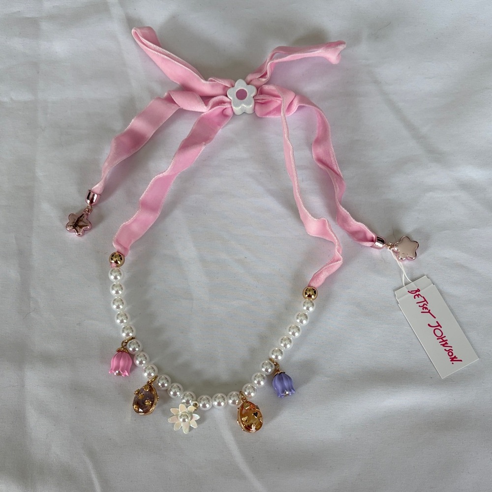 Betsey Johnson Pink Ribbon Pearl Flower Charm Necklace